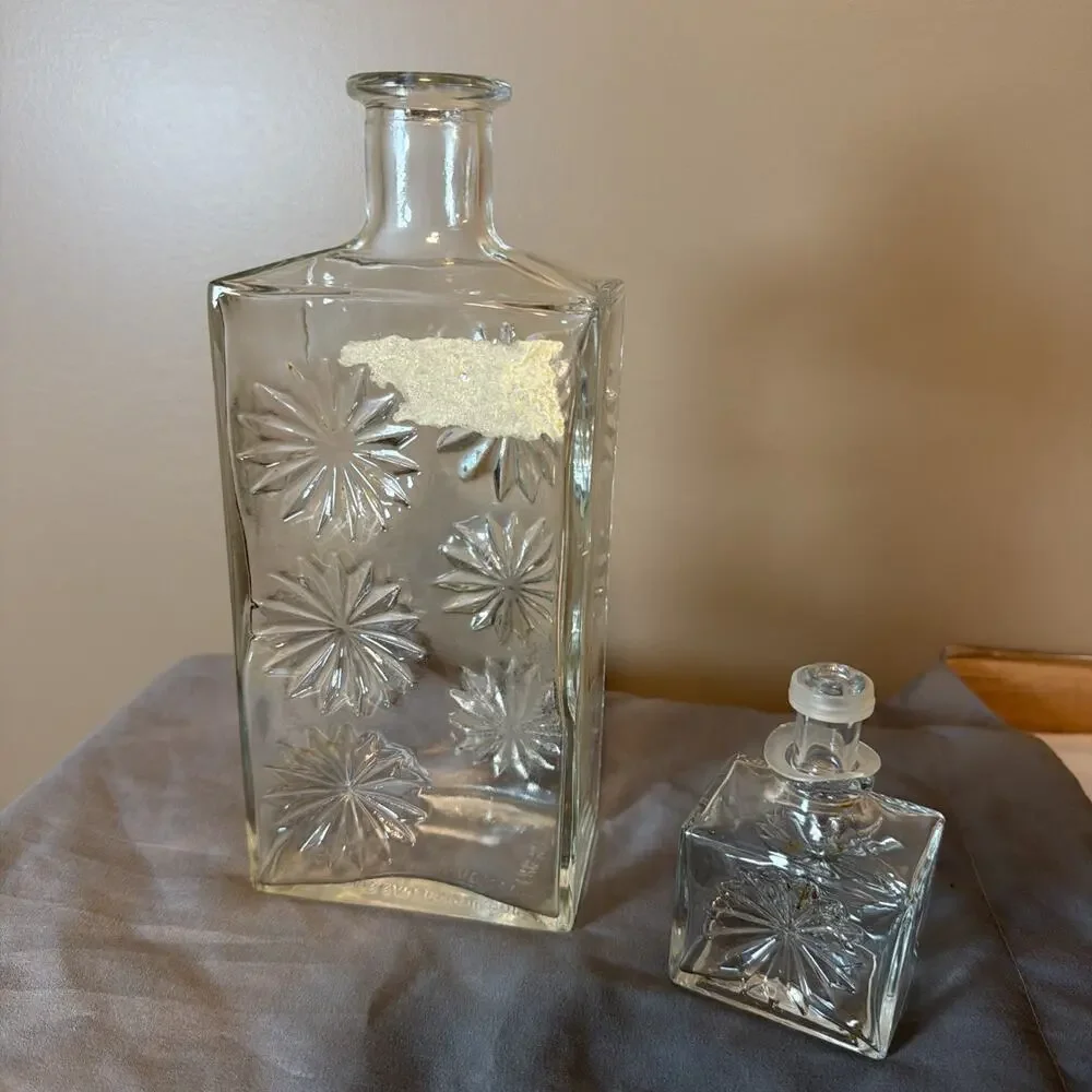 Vintage Square Clear Glass Whiskey Decanter Embossed Flowers(cork Is Gone)
